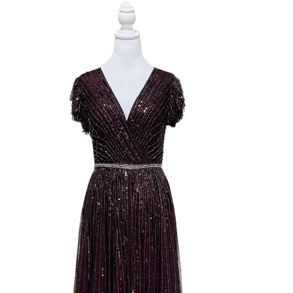 Mac Duggal Sequined Wrap Over Ruffled Cap Sleeve Gown Burgundy 6 NWT Style 5502
